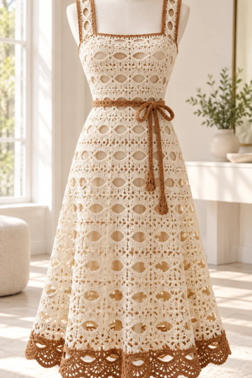 Cream crochet midi dress with oval eyelet lace pattern and caramel waist tie displayed on a white mannequin in a bright room