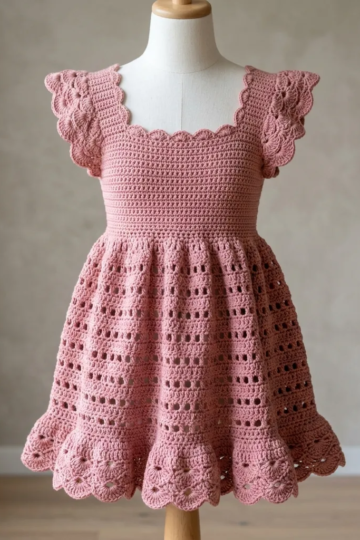 Dusty Rose Babydoll Crochet Dress Free Pattern