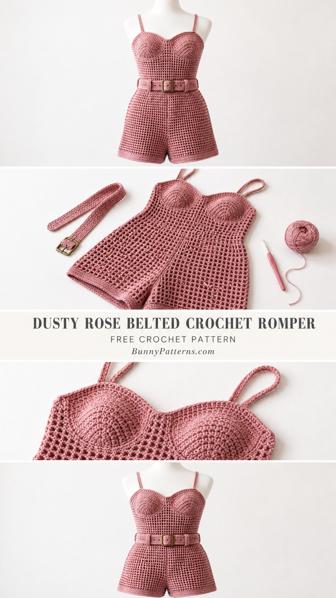 Dusty Rose Belted Crochet Romper Free Crochet Pattern