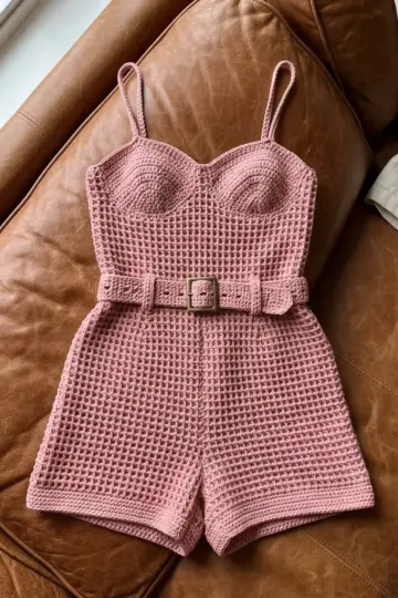 Dusty Rose Belted Crochet Romper Free Crochet Pattern