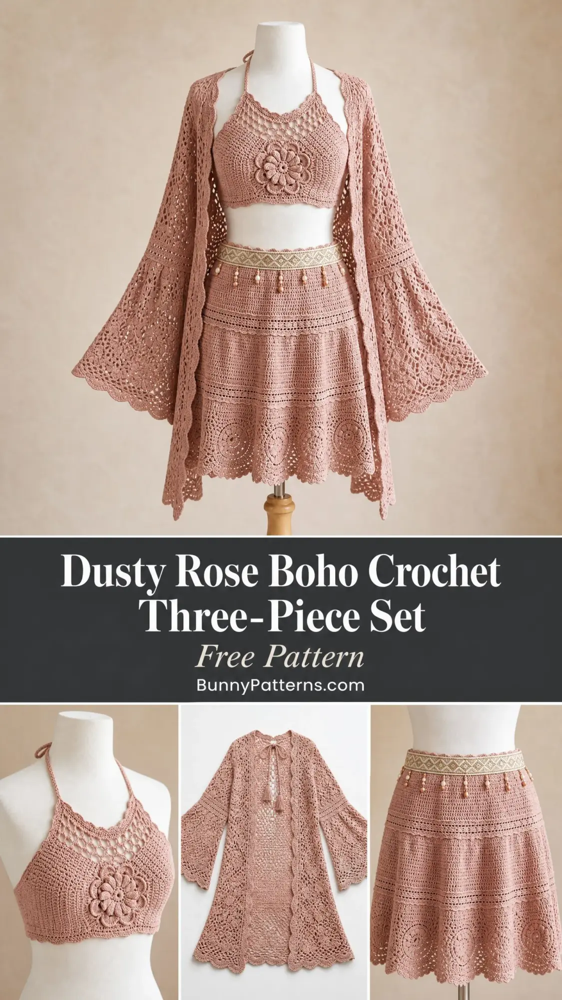 Dusty Rose Boho Crochet Three-Piece Set Free Pattern