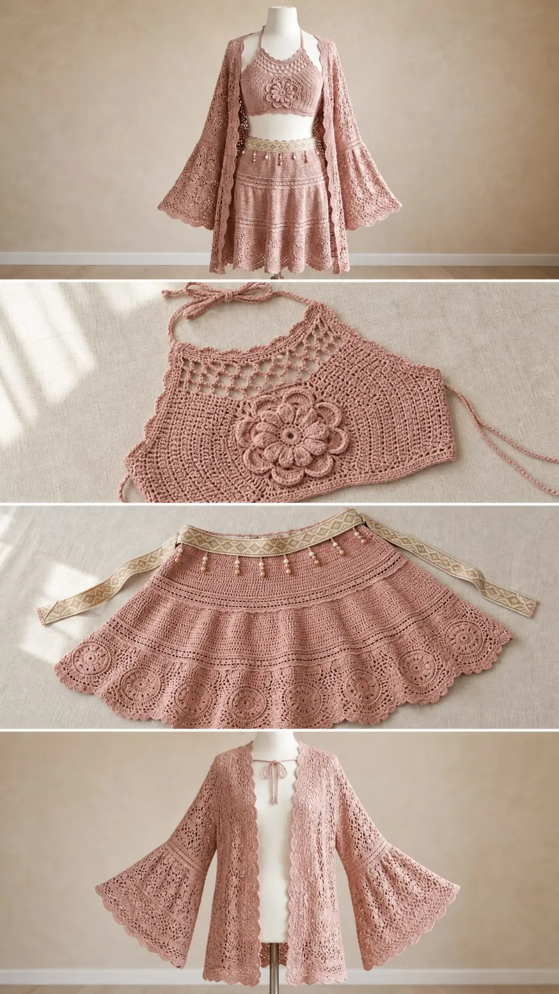 Dusty Rose Boho Crochet Three-Piece Set Free Pattern