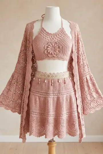 Dusty Rose Boho Crochet Three-Piece Set Free Pattern