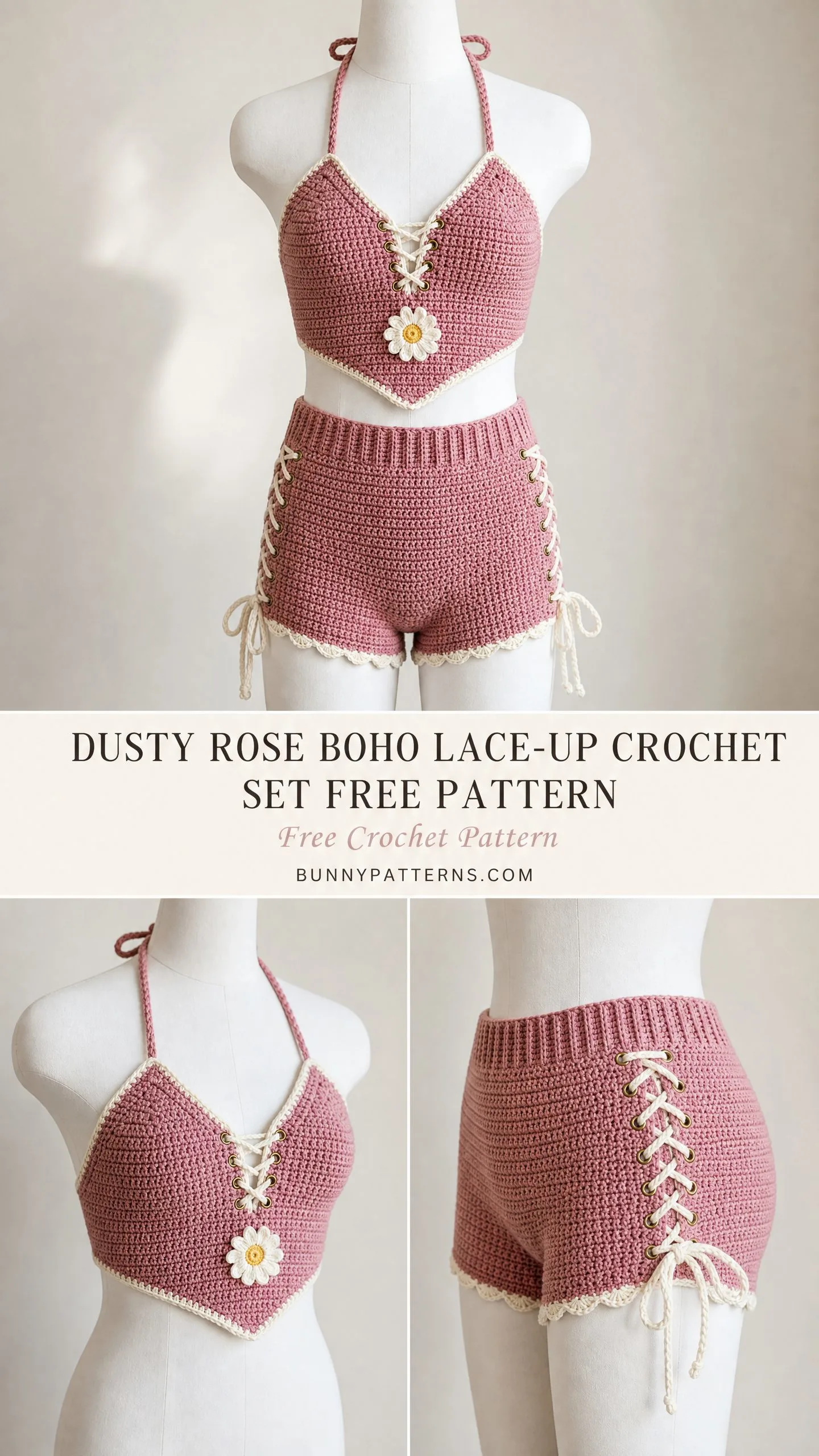 Dusty Rose Boho Lace-Up Crochet Set Free Pattern