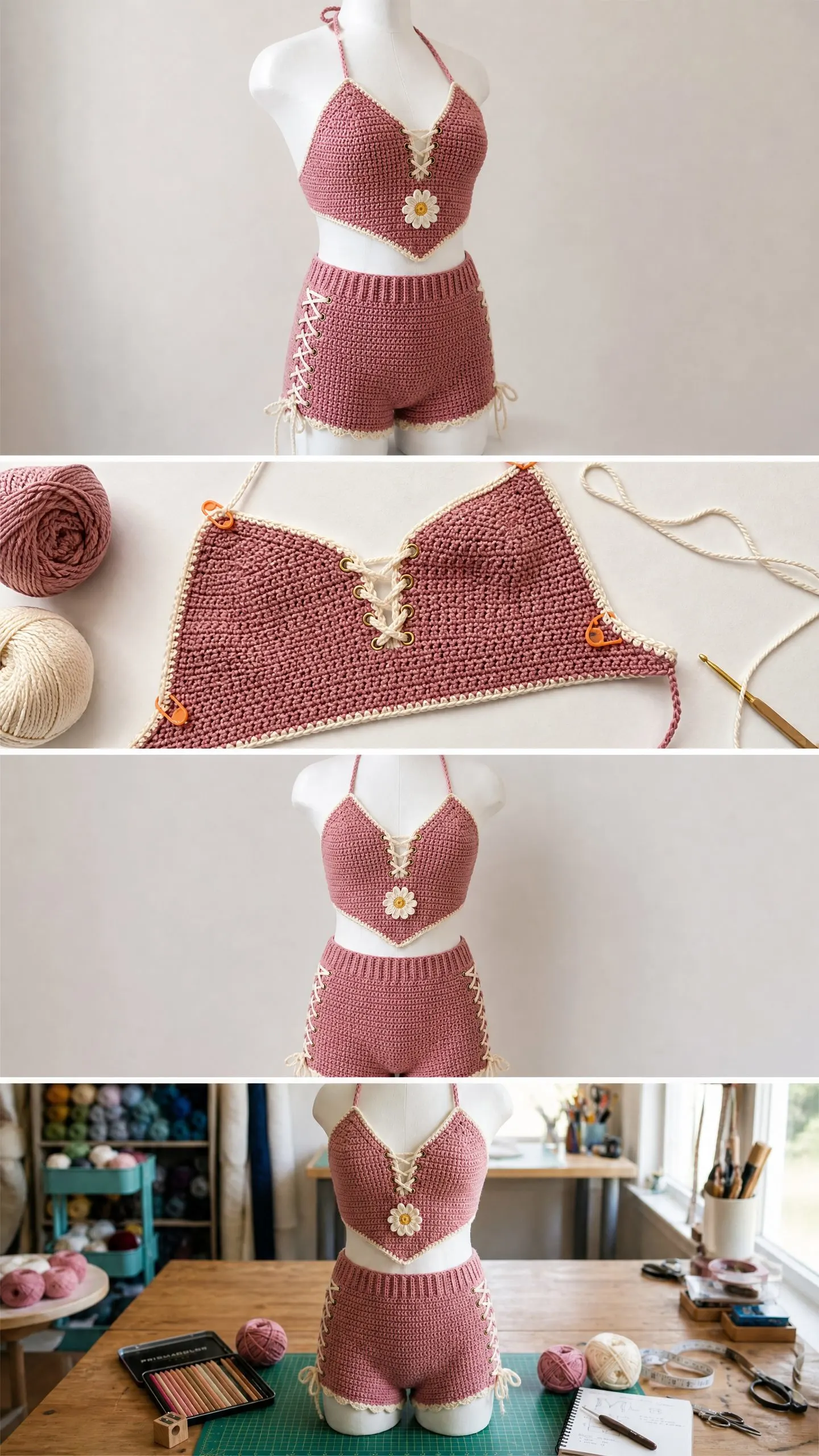 Dusty Rose Boho Lace-Up Crochet Set Free Pattern