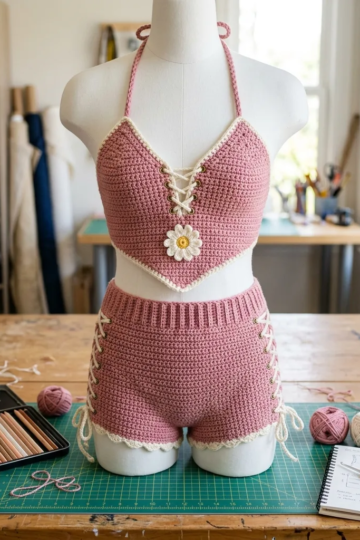 Dusty Rose Boho Lace-Up Crochet Set Free Pattern