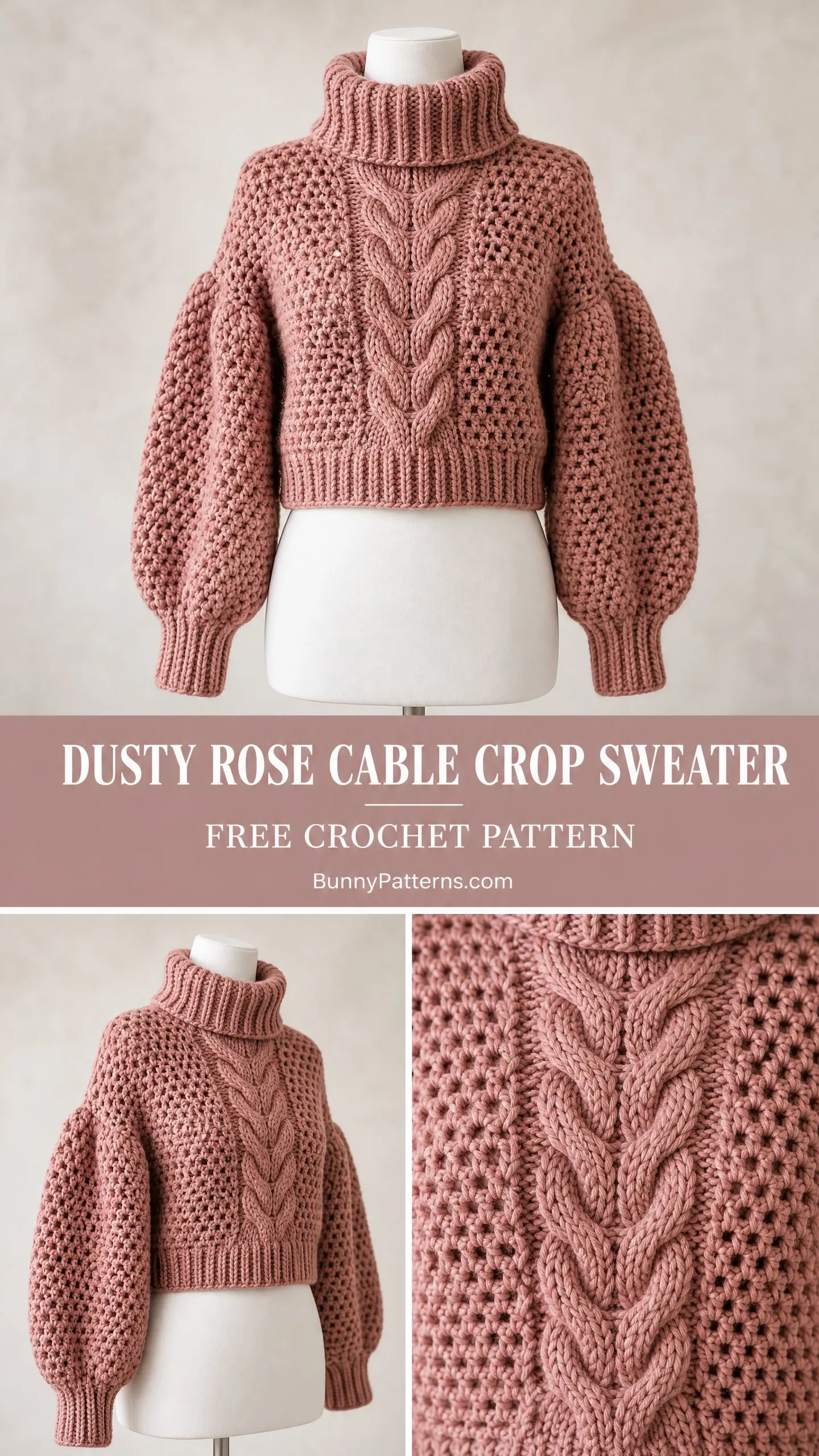 Dusty Rose Cable Crop Sweater Free Crochet Pattern