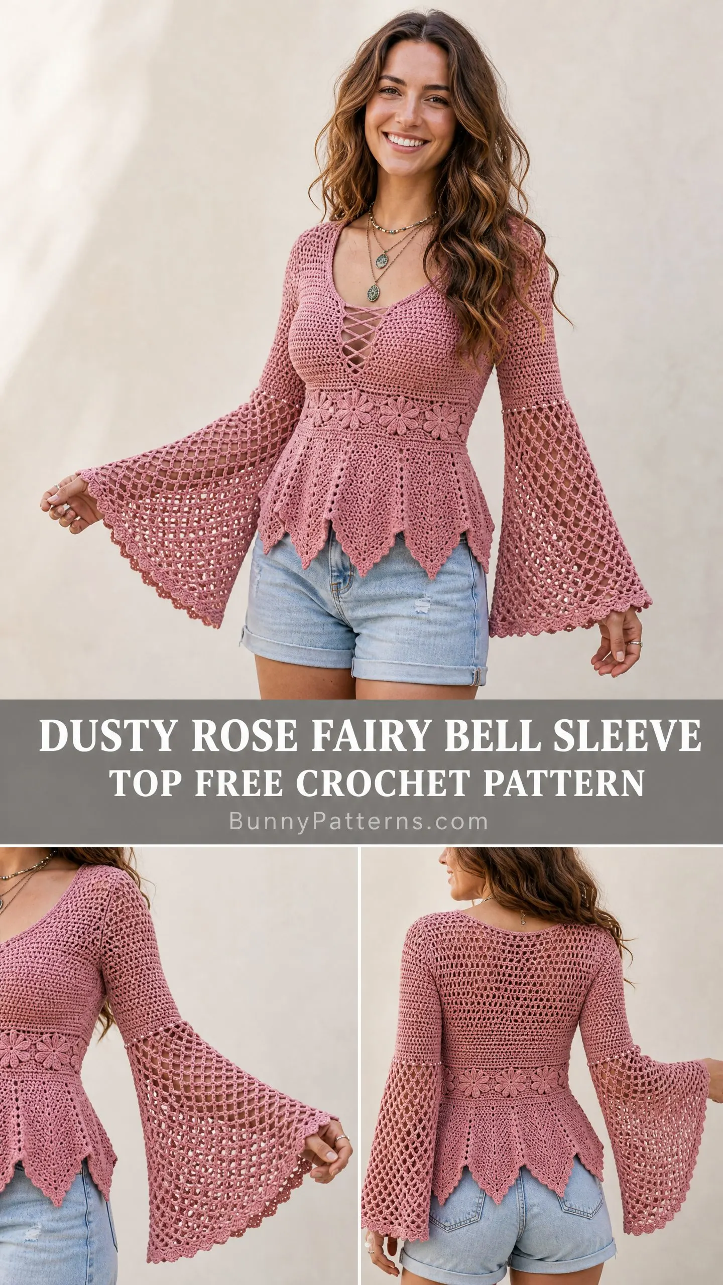 Dusty Rose Fairy Bell Sleeve Top Free Crochet Pattern