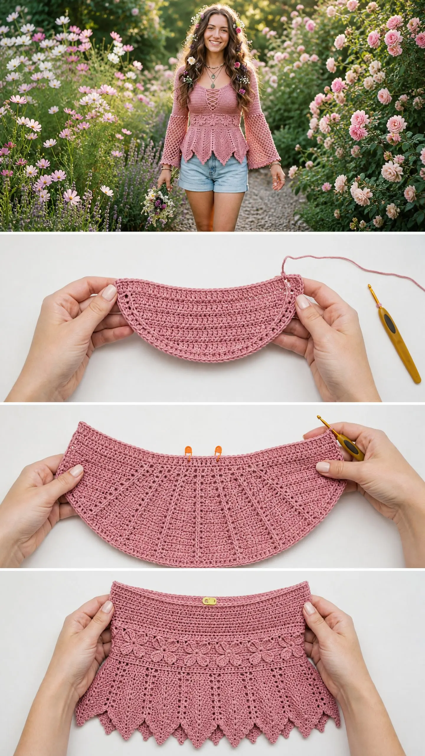Dusty Rose Fairy Bell Sleeve Top Free Crochet Pattern