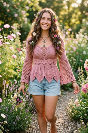 Dusty Rose Fairy Bell Sleeve Top Free Crochet Pattern