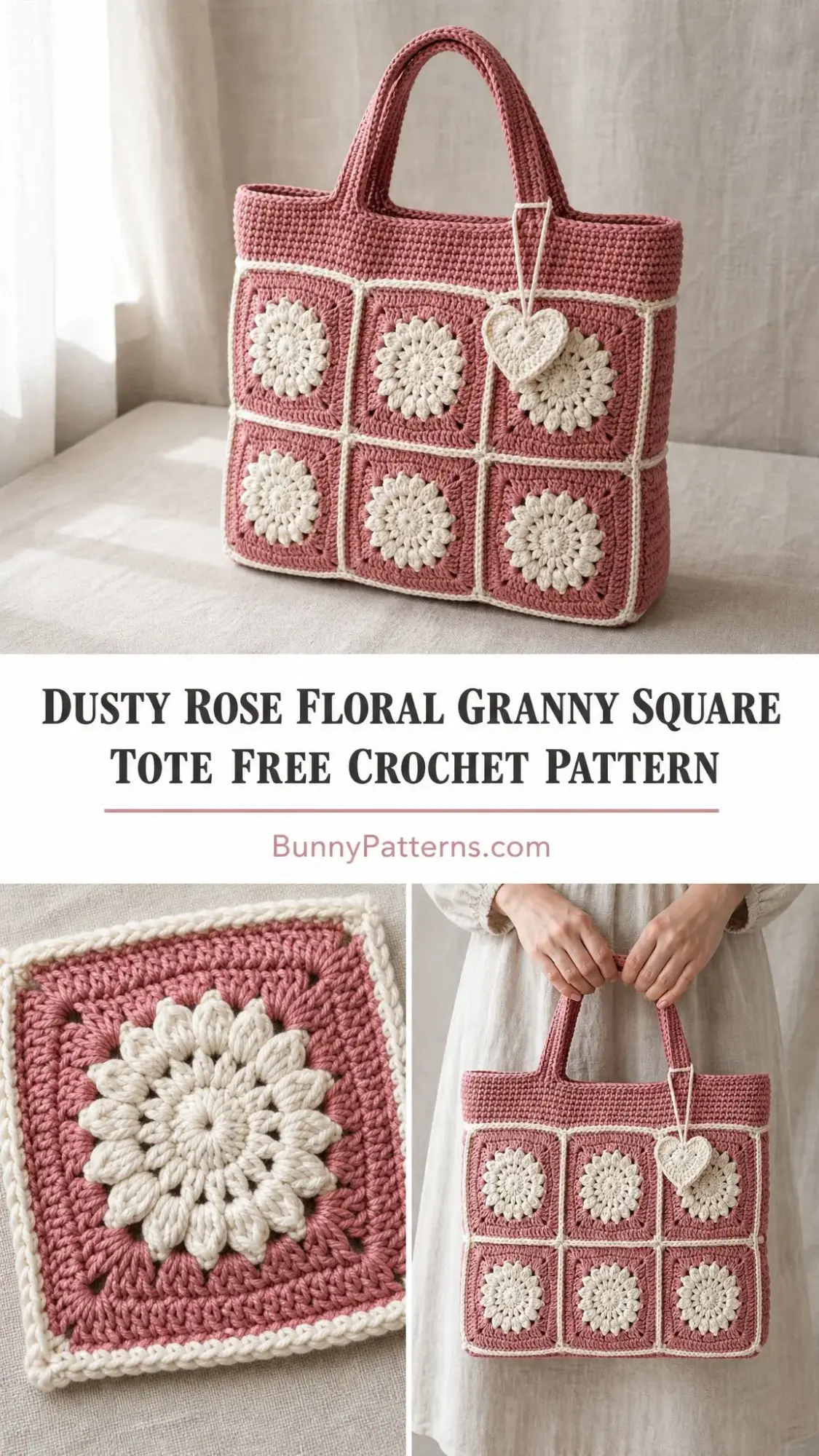Dusty Rose Floral Granny Square Tote Free Crochet Pattern