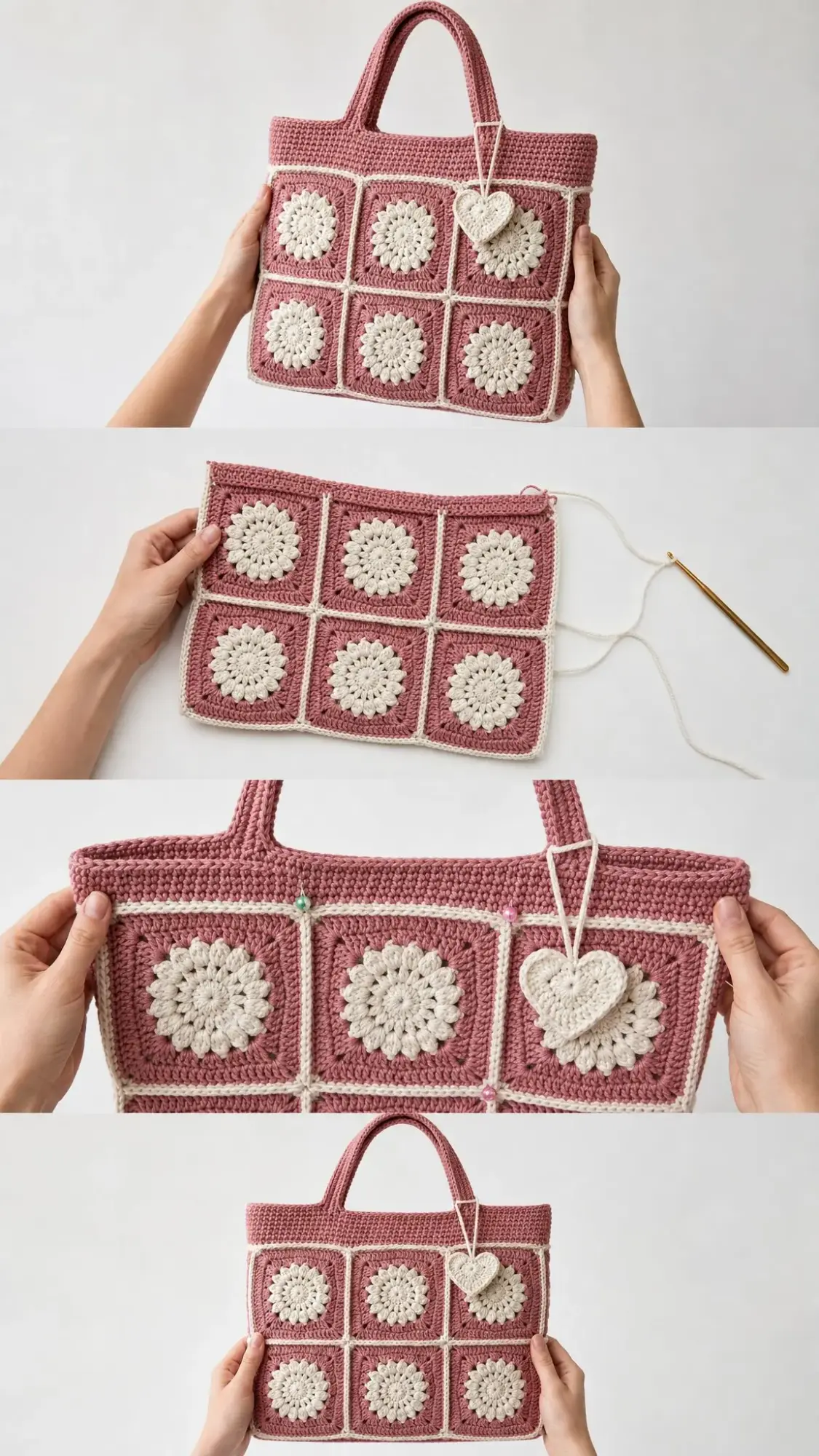 Dusty Rose Floral Granny Square Tote Free Crochet Pattern