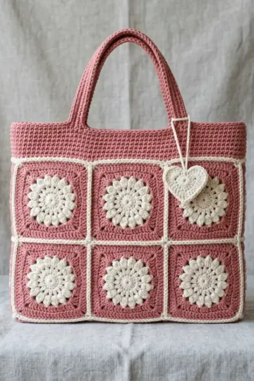 Dusty Rose Floral Granny Square Tote Free Crochet Pattern