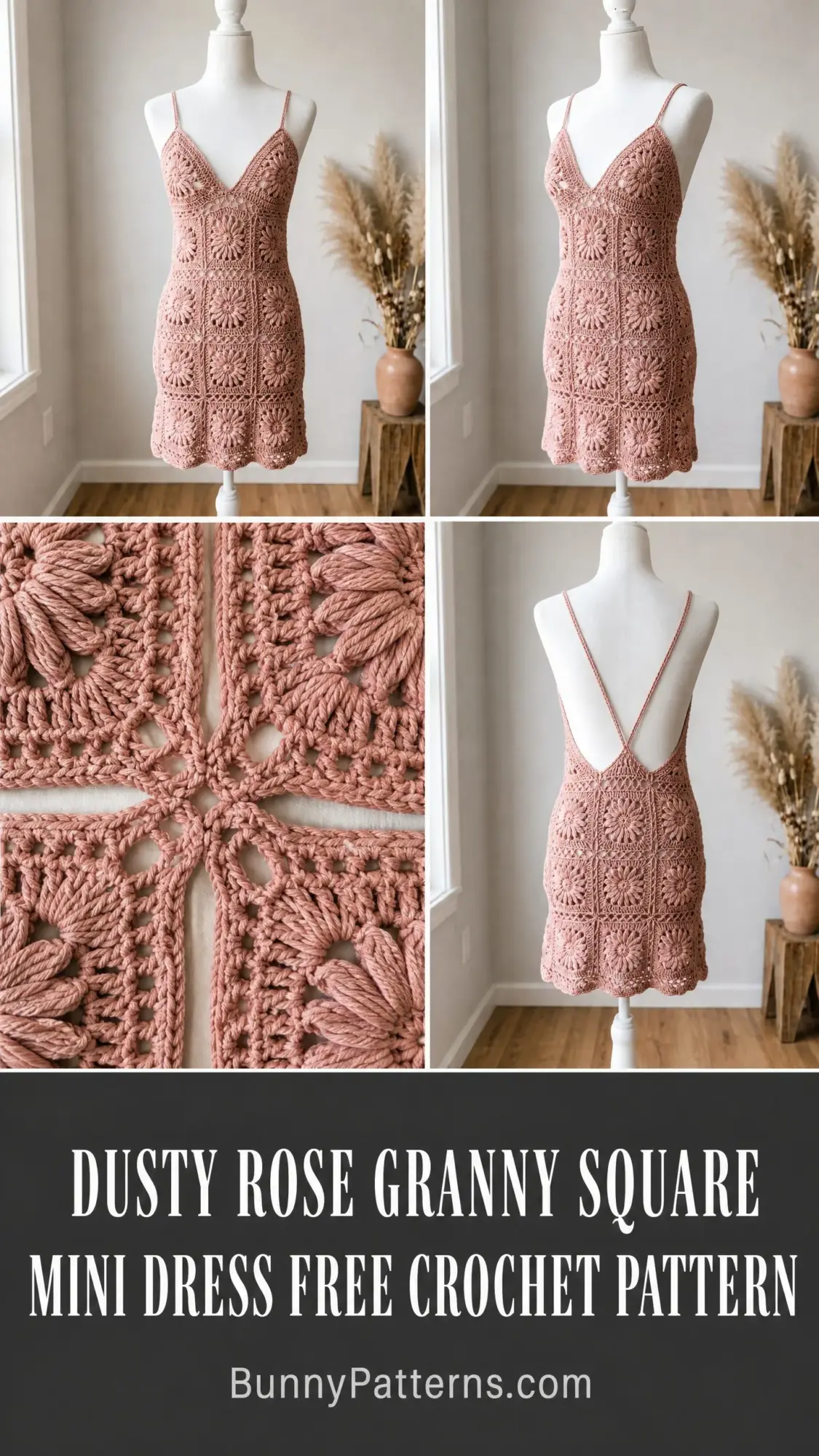 Dusty Rose Granny Square Mini Dress Free Crochet Pattern