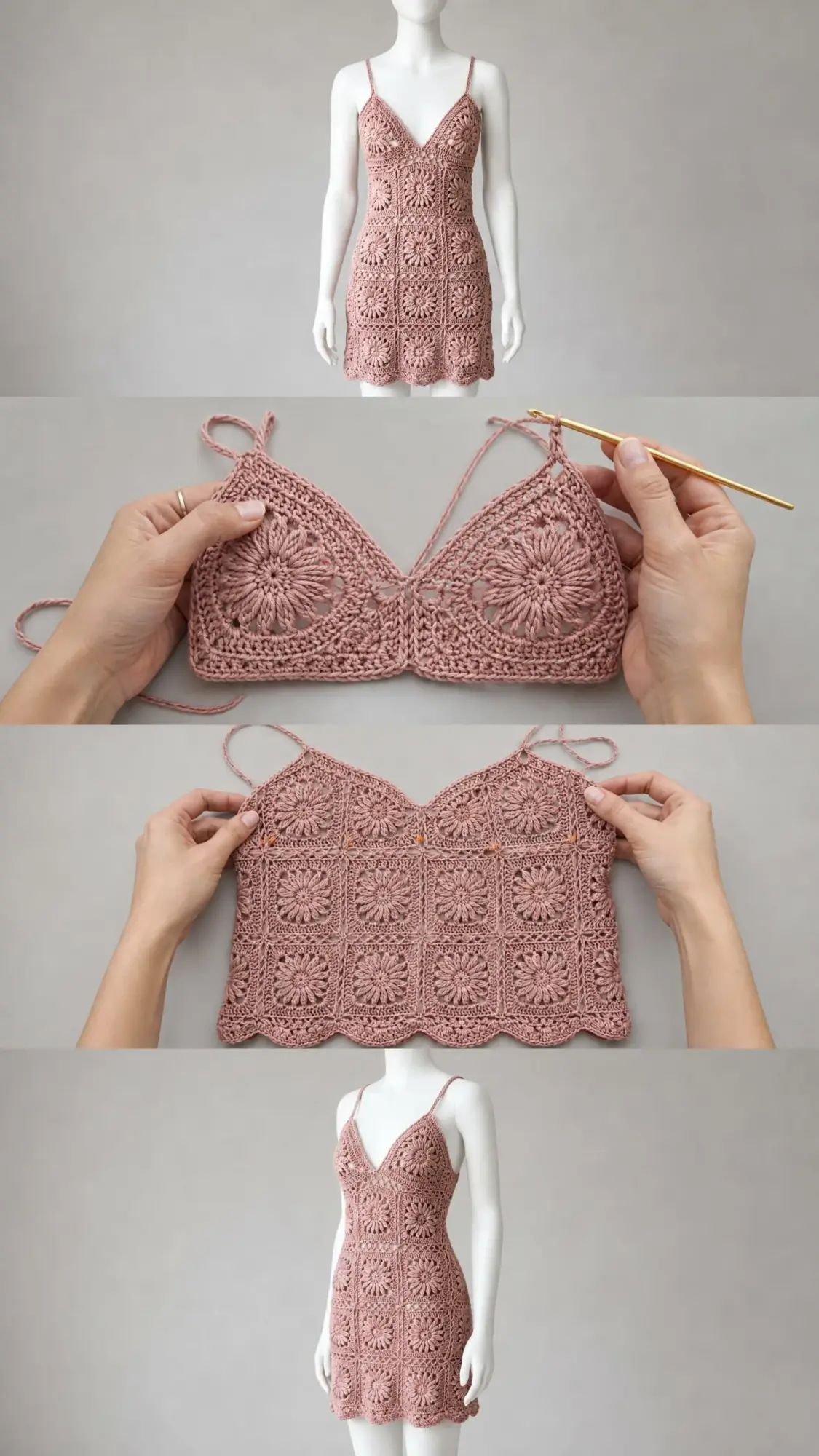 Dusty Rose Granny Square Mini Dress Free Crochet Pattern