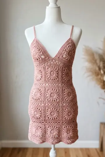 Dusty Rose Granny Square Mini Dress Free Crochet Pattern
