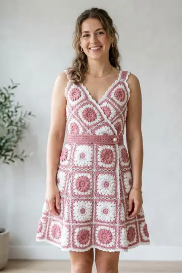 Dusty Rose Granny Square Summer Dress Free Crochet Pattern