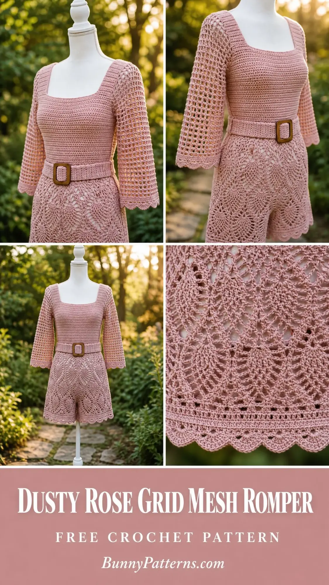 Dusty Rose Grid Mesh Romper Free Crochet Pattern