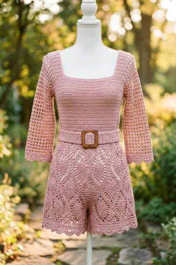 Dusty Rose Grid Mesh Romper Free Crochet Pattern