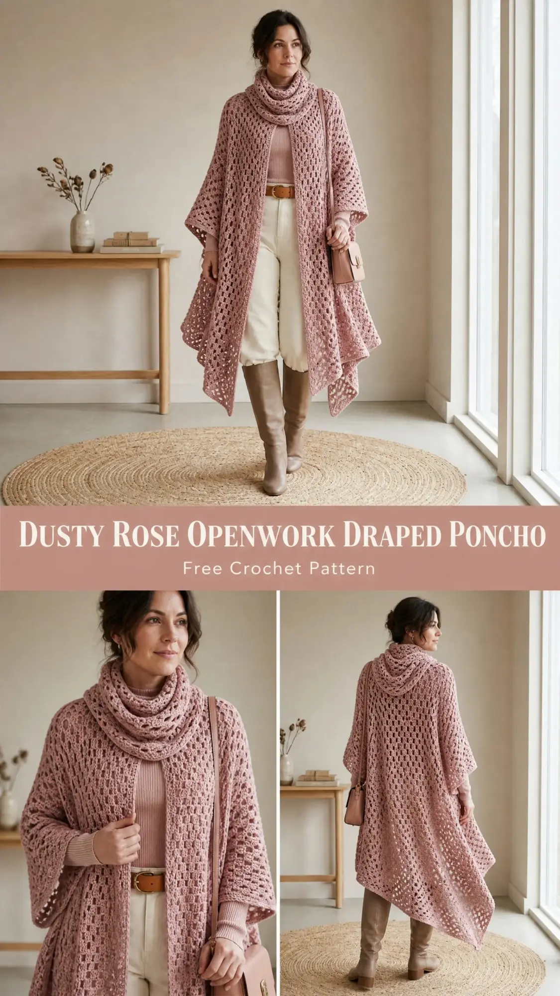 Dusty Rose Openwork Draped Poncho Free Crochet Pattern