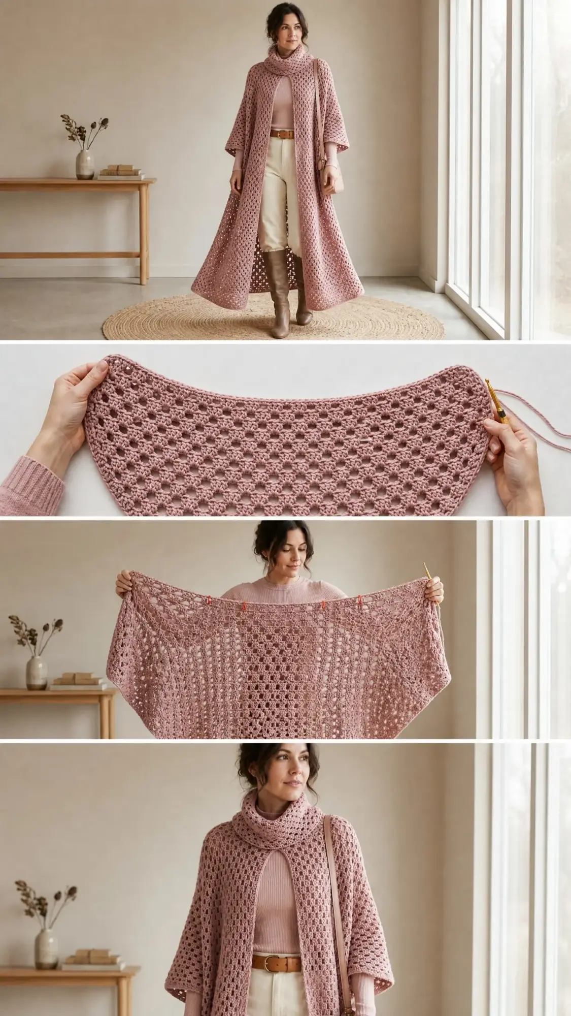 Dusty Rose Openwork Draped Poncho Free Crochet Pattern