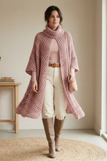 Dusty Rose Openwork Draped Poncho Free Crochet Pattern