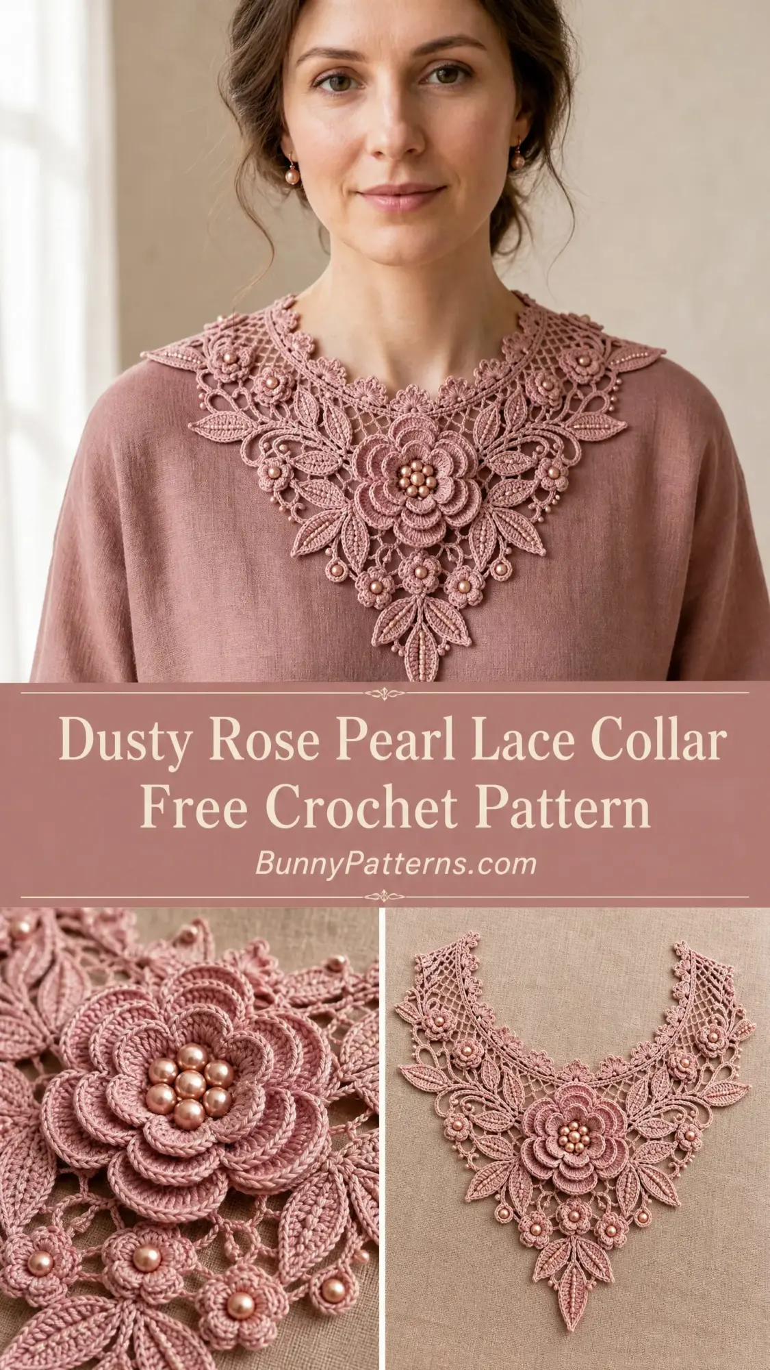 Dusty Rose Pearl Lace Collar Free Crochet Pattern