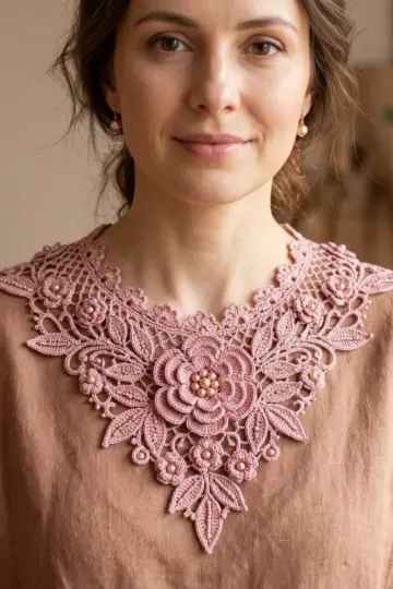 Dusty Rose Pearl Lace Collar Free Crochet Pattern