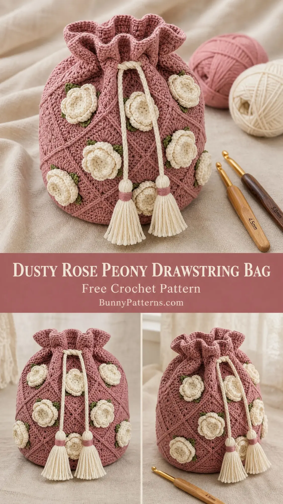 Dusty Rose Peony Drawstring Bag Free Crochet Pattern