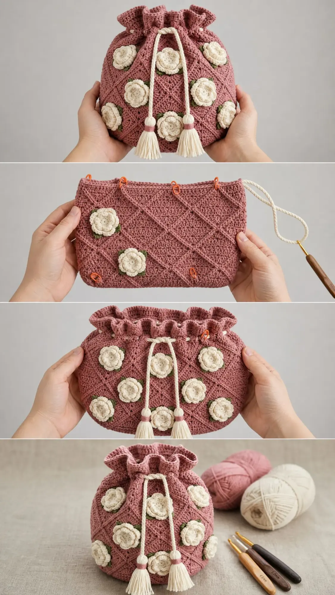 Dusty Rose Peony Drawstring Bag Free Crochet Pattern