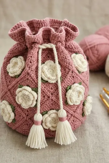 Dusty Rose Peony Drawstring Bag Free Crochet Pattern