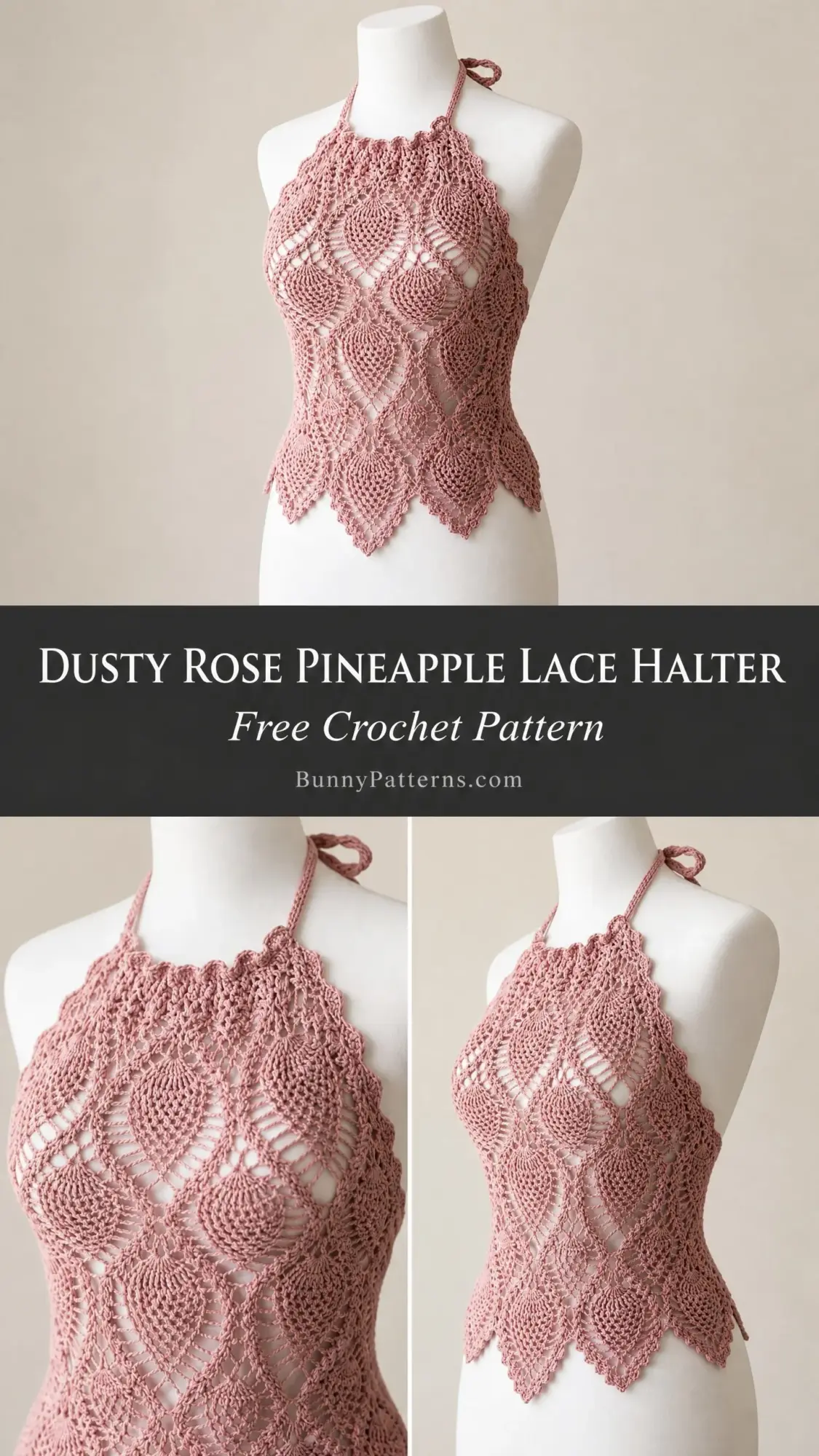 Dusty Rose Pineapple Lace Halter Free Crochet Pattern