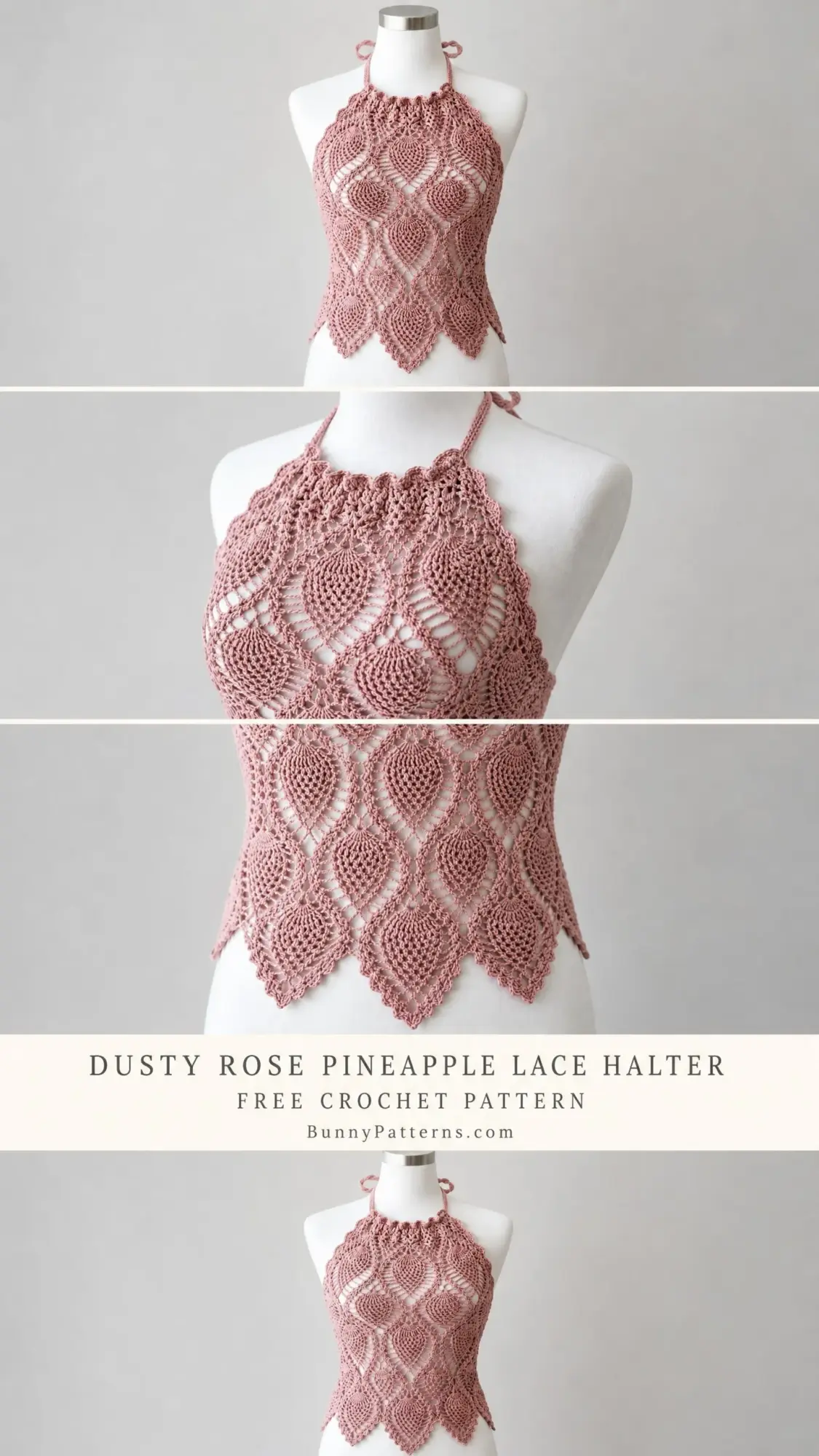 Dusty Rose Pineapple Lace Halter Free Crochet Pattern