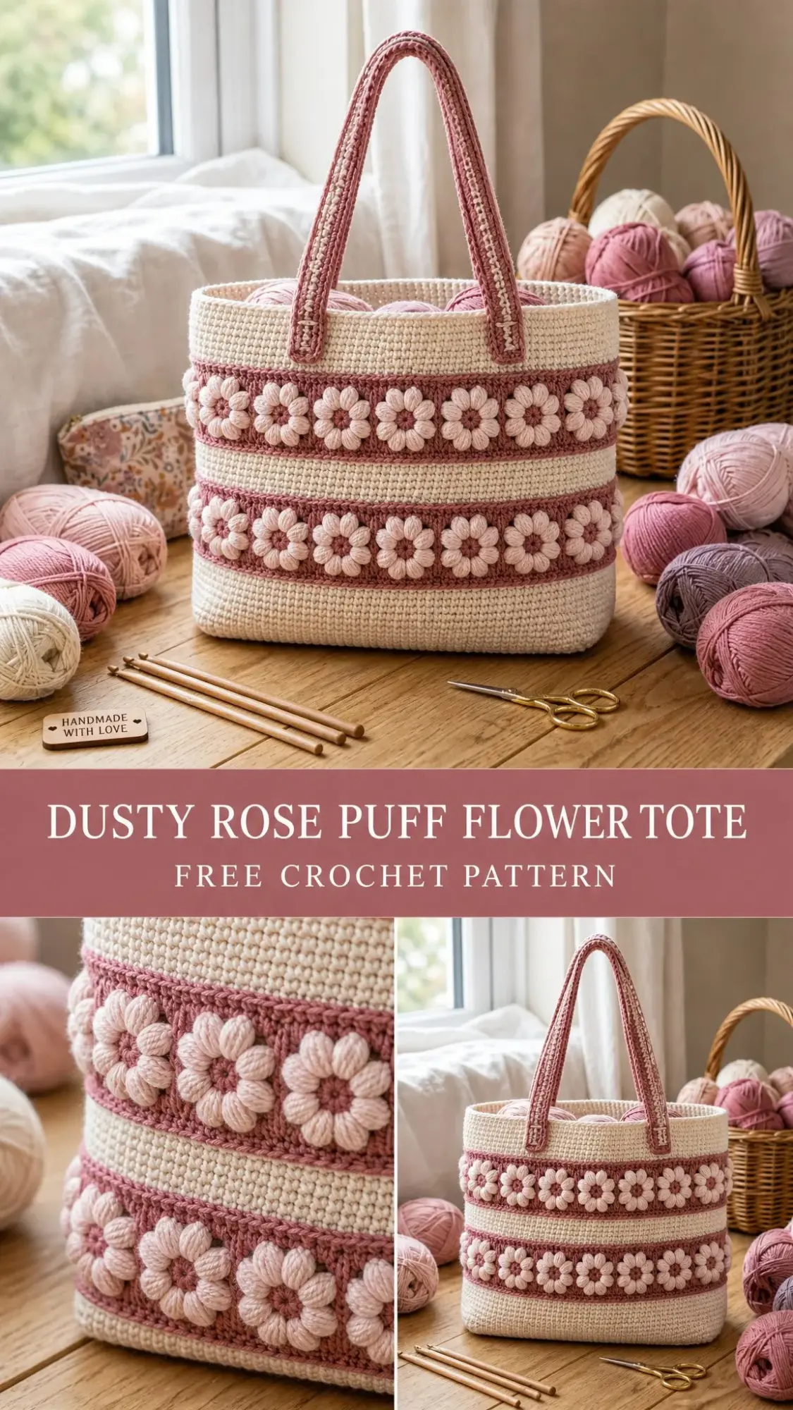 Dusty Rose Puff Flower Tote Free Crochet Pattern