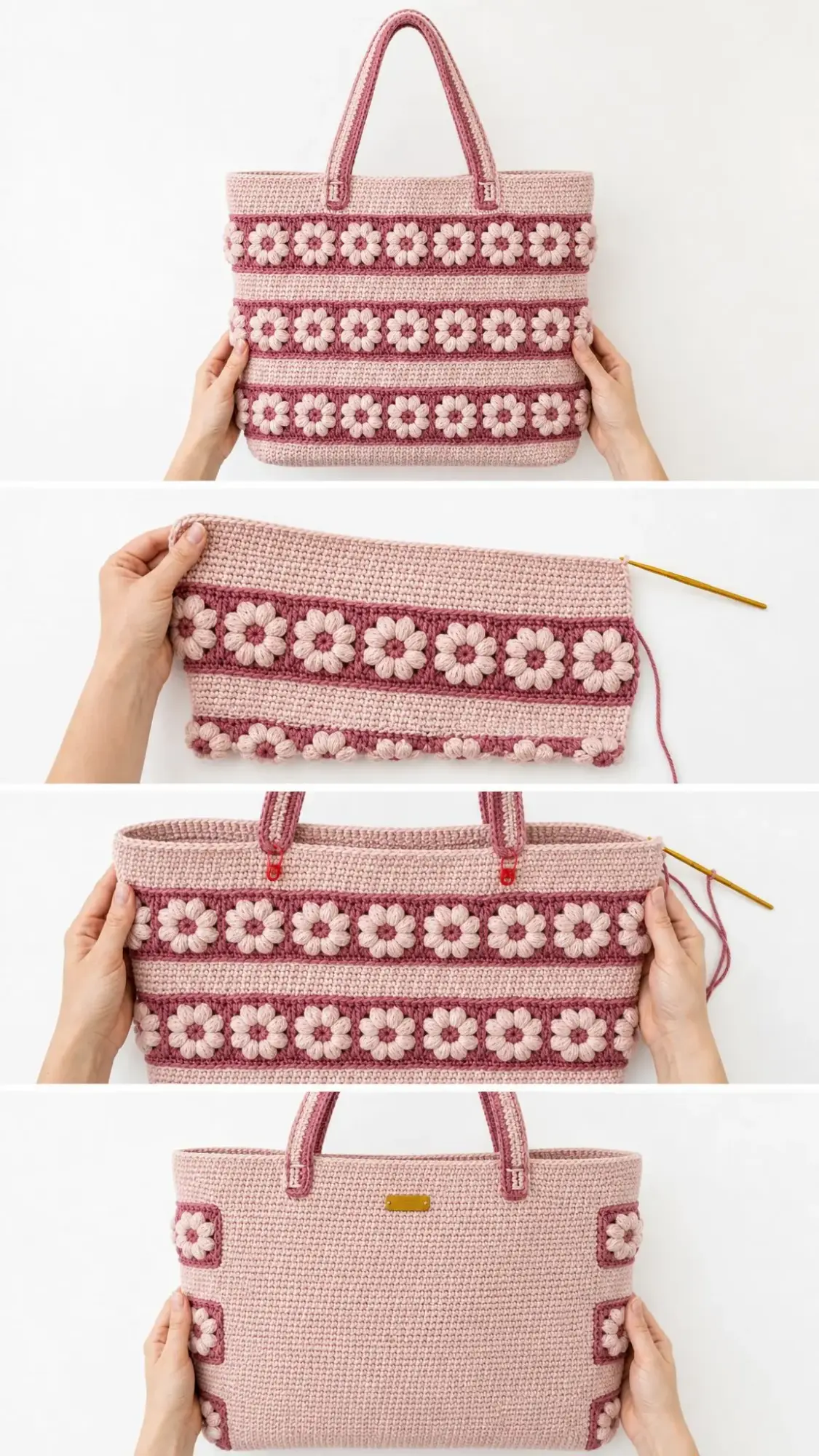 Dusty Rose Puff Flower Tote Free Crochet Pattern