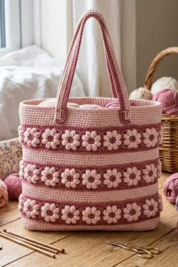 Dusty Rose Puff Flower Tote Free Crochet Pattern