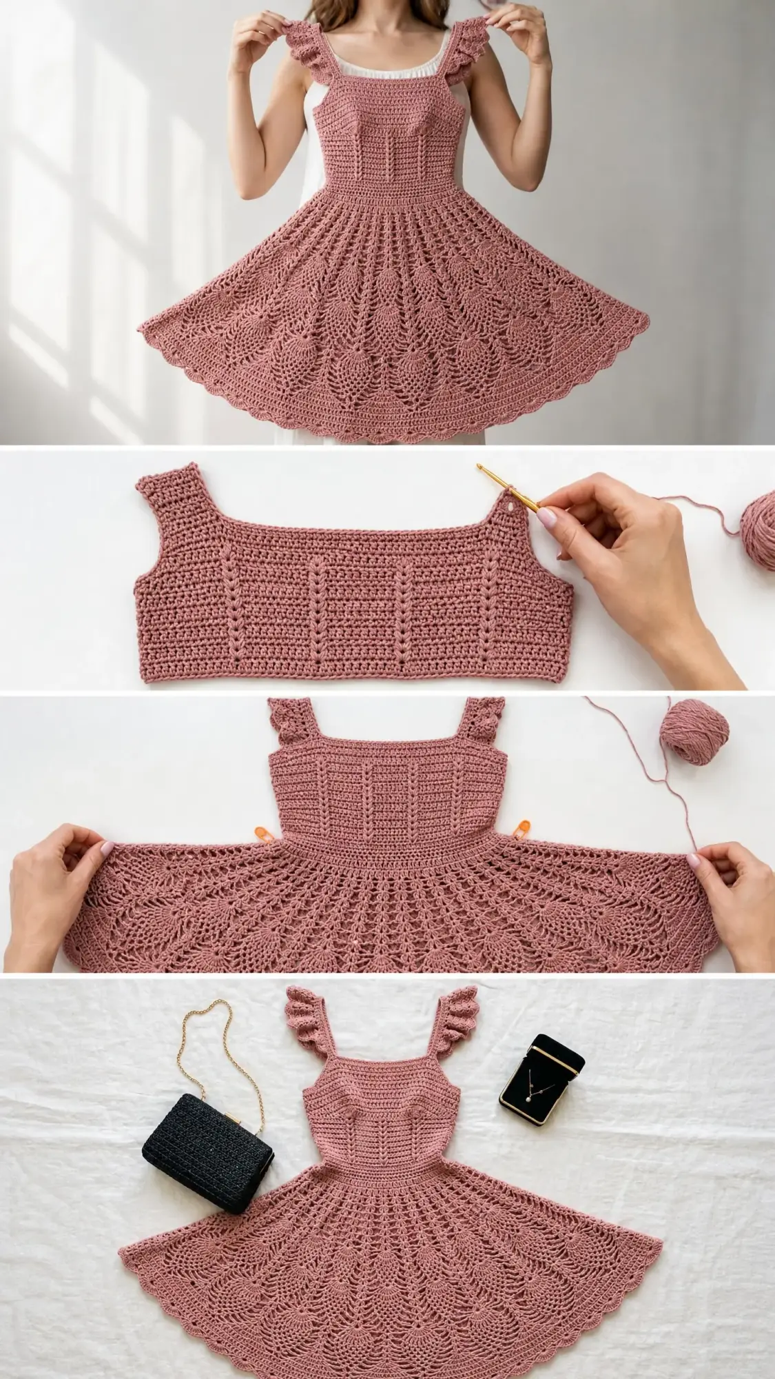 Dusty Rose Romantic Crochet Lace Dress Free Pattern
