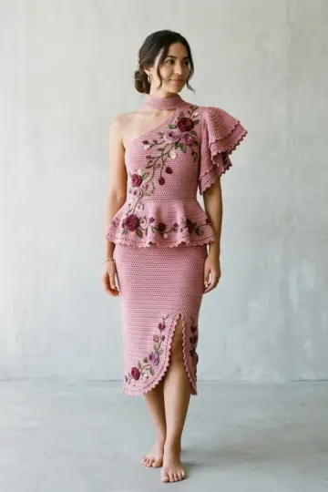 Dusty Rose Vine Crochet Midi Dress Free Pattern