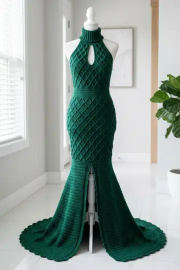 Emerald Diamond Lattice Mermaid Gown Free Crochet Pattern