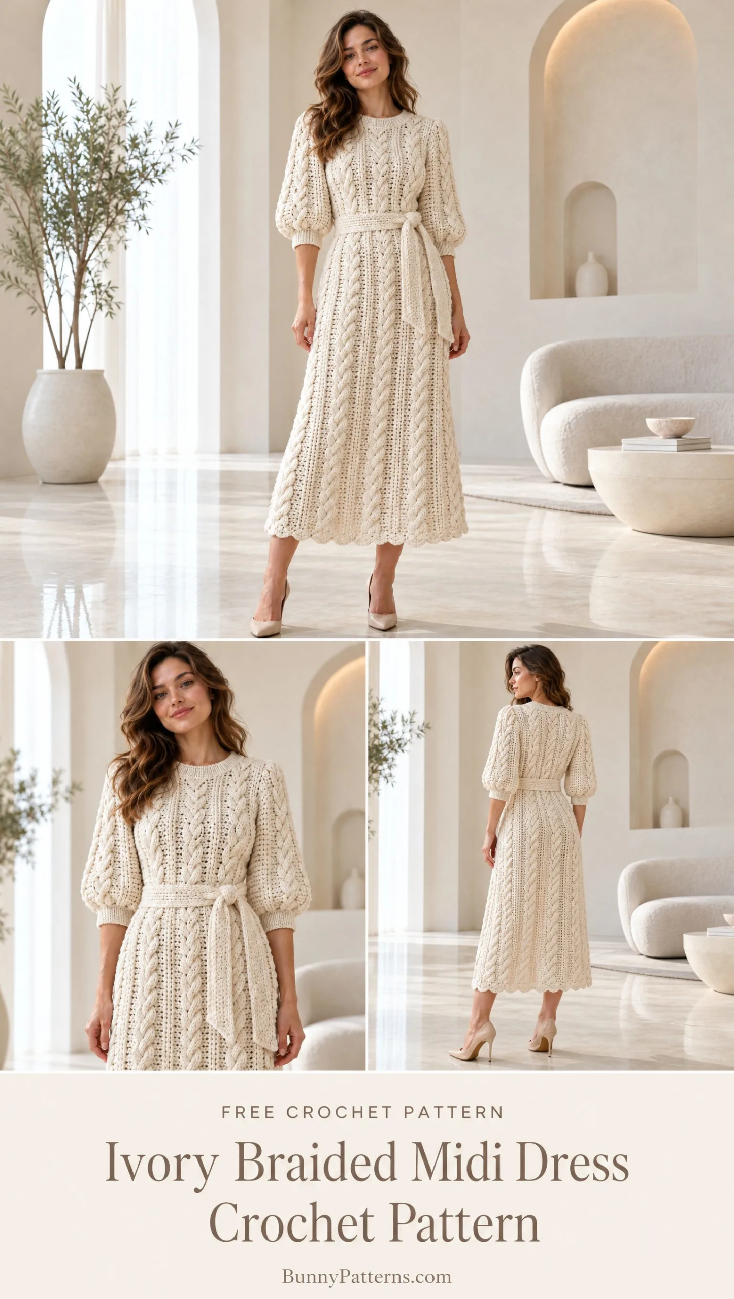 Full length warm ivory crocheted cable dress with scalloped hem and belted waist styled with nude heels