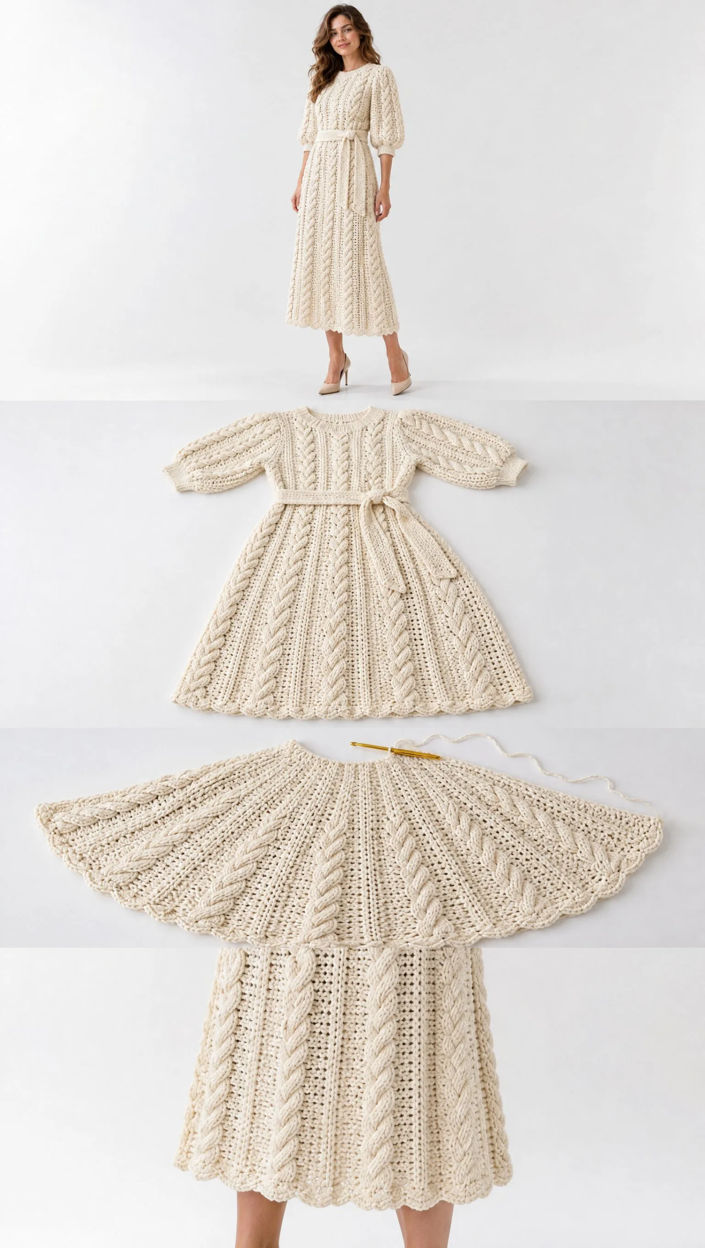 Close up of braided cable texture on ivory crochet dress showing nine vertical cable columns and ribbed neckline