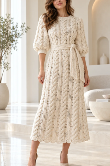 Ivory crochet midi dress with vertical cable braids, three-quarter puff sleeves, ribbed cuffs, and a matching waist sash