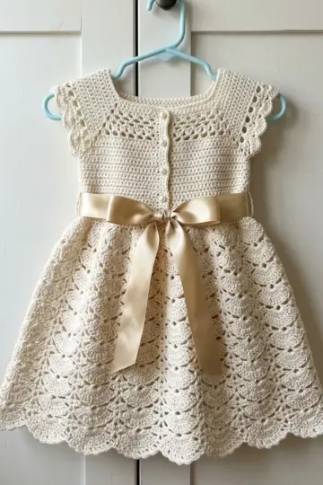 Ivory Cream Lace Baby Dress Free Crochet Pattern
