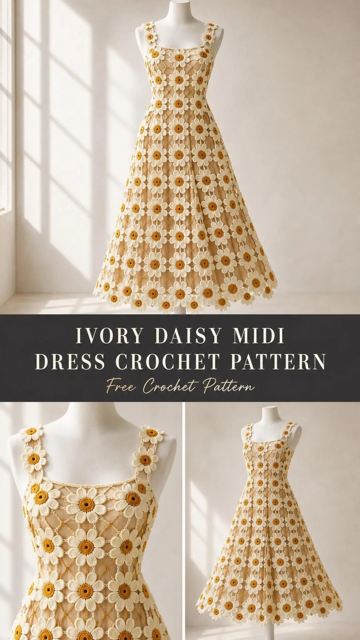 Handmade crochet dress featuring eight-petal daisy flowers in ivory and gold arranged in a fitted bodice and flared skirt