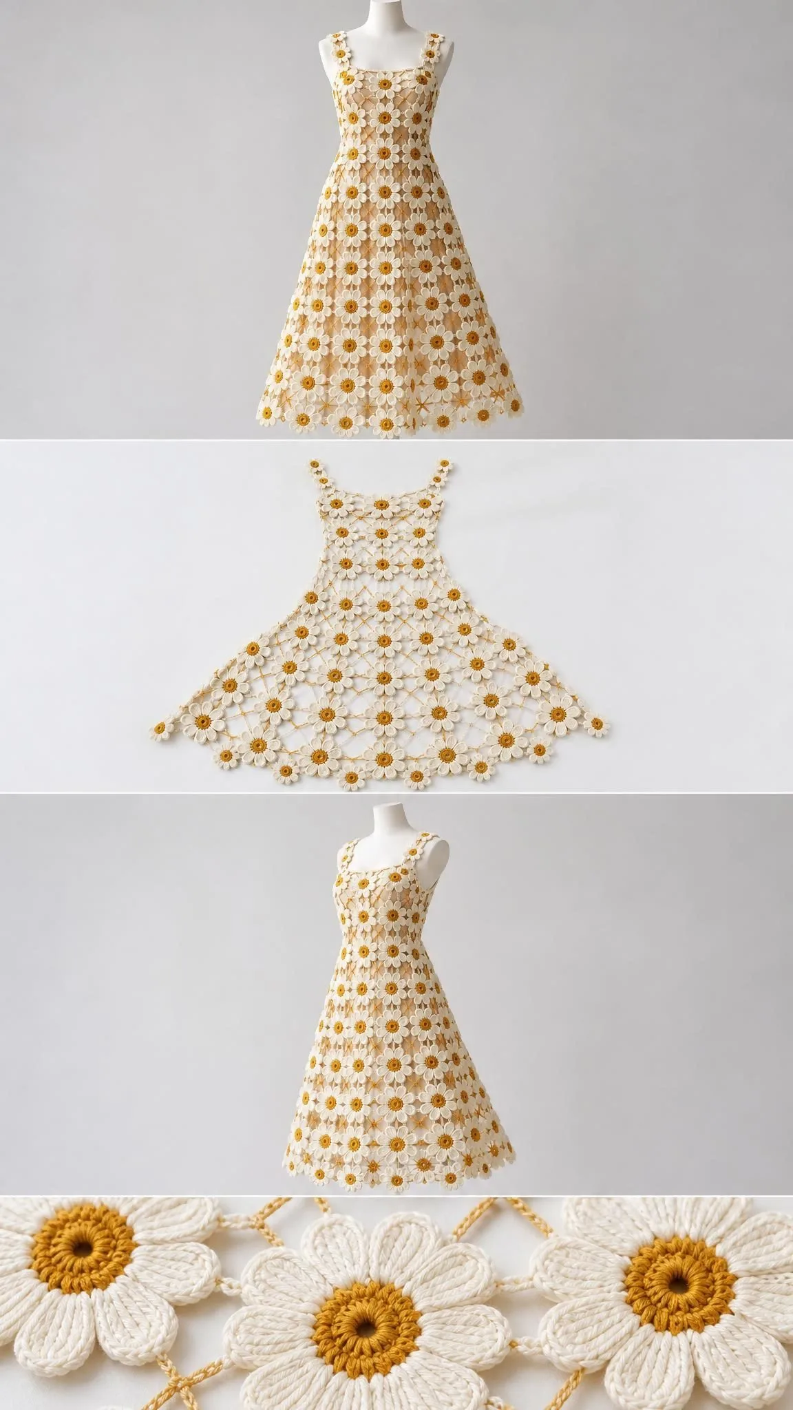 Close view of crocheted daisy motifs with ochre centers and ivory petals joined by delicate chain bridges on a midi dress
