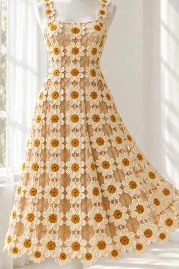 Ivory crochet daisy midi dress with ochre centers displayed on a white mannequin in soft natural light