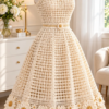 Ivory filet crochet tea dress on dress form with golden-centered daisy appliqués along the hem and delicate scalloped border