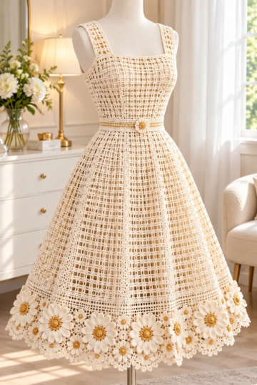 Ivory filet crochet tea dress on dress form with golden-centered daisy appliqués along the hem and delicate scalloped border