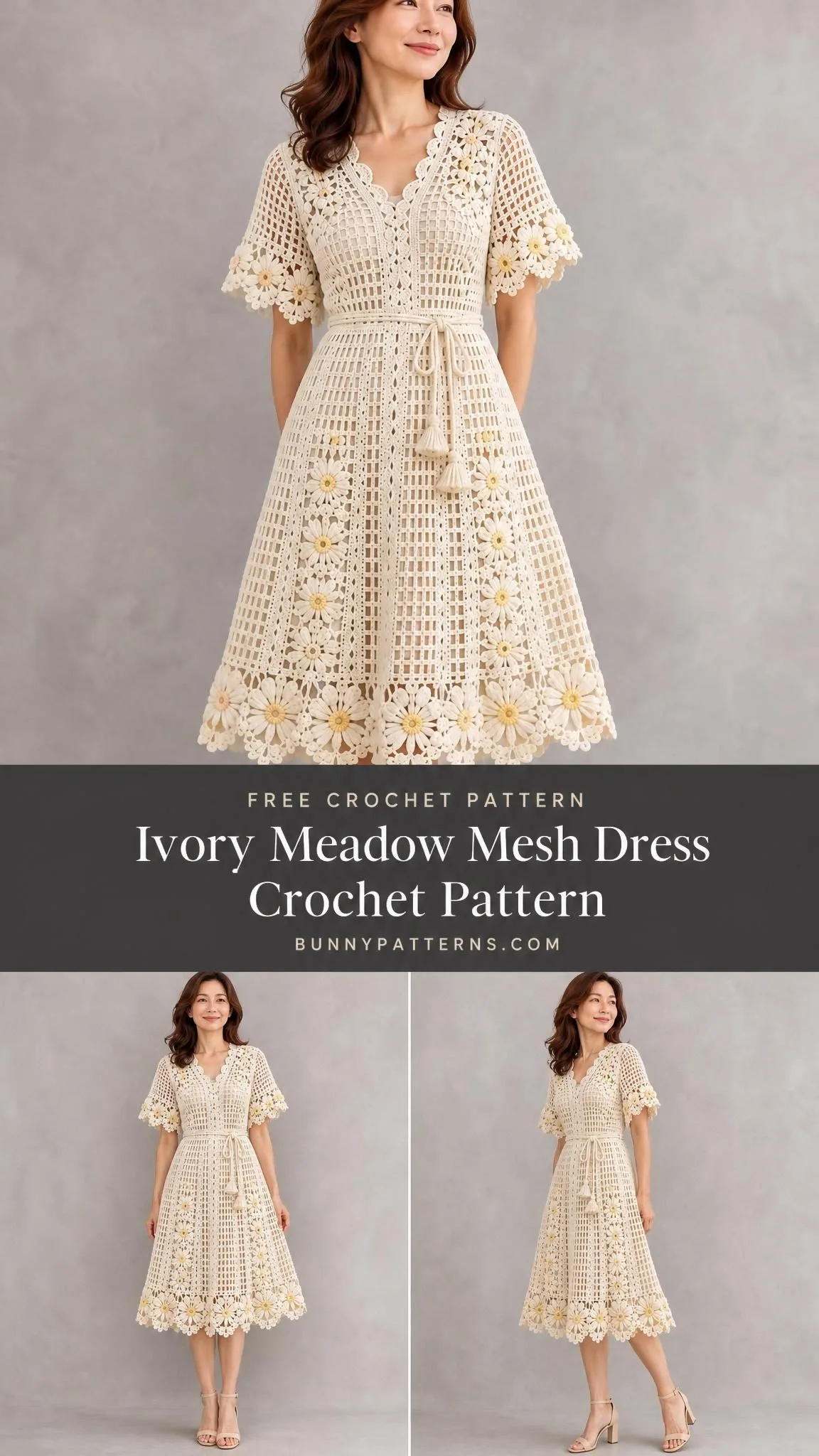 Close-up of filet mesh texture and soft yellow centered daisy flowers on an ivory crocheted A-line dress