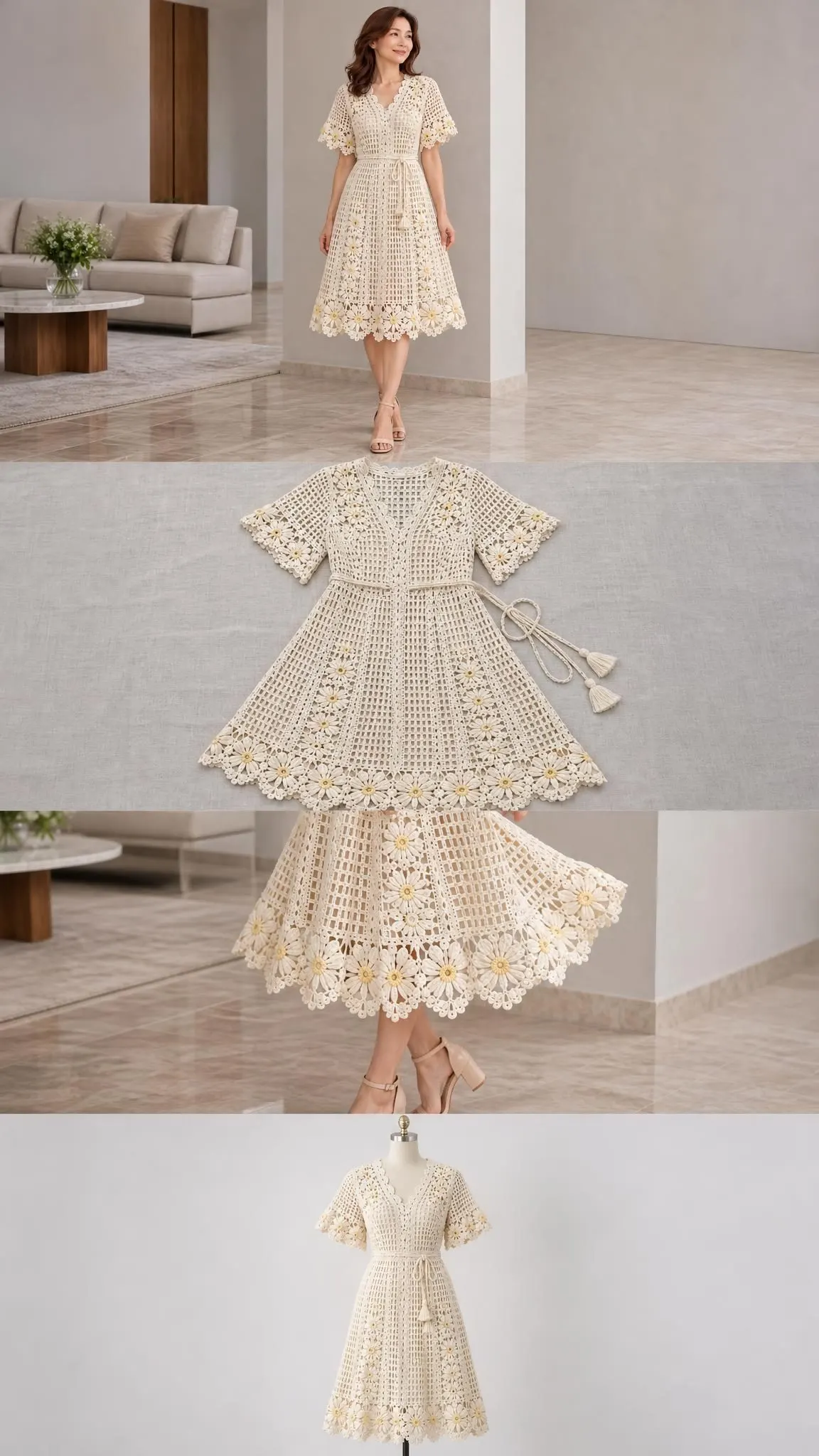 Full-length ivory crochet dress with delicate lace pattern, removable waist cord, and daisy trim at neckline and hem